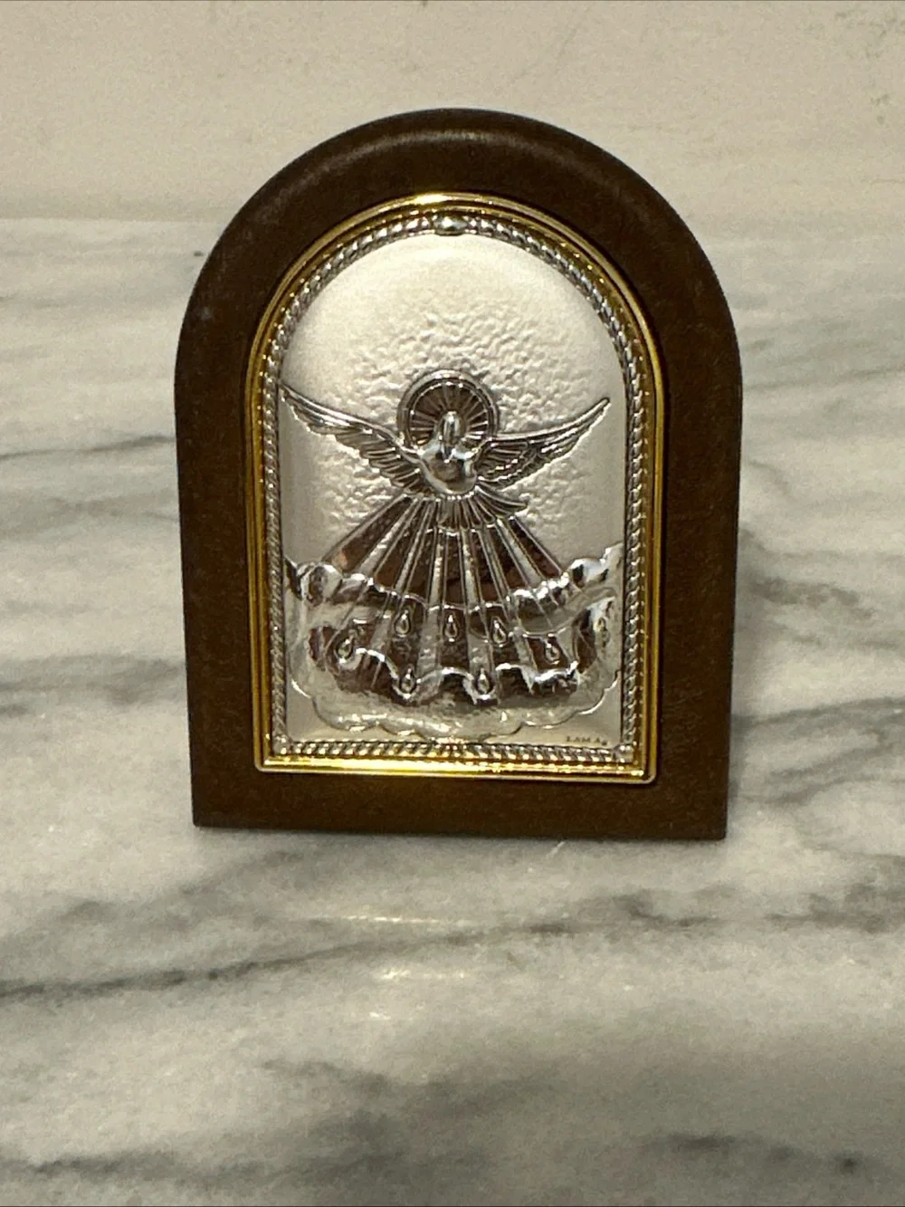 Holy Spirit sterling Silver Dove Arch Plaque in Brown Frame Italy
